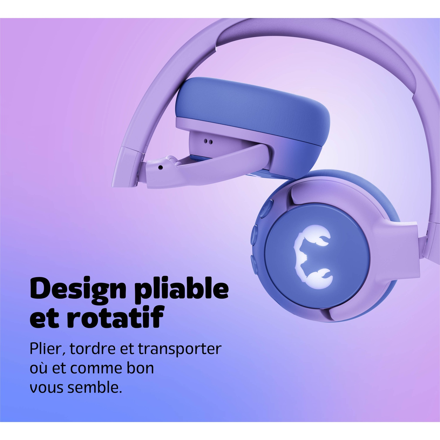 Casque violet et bleu au design pliable avec logo scorpion lumineux.
