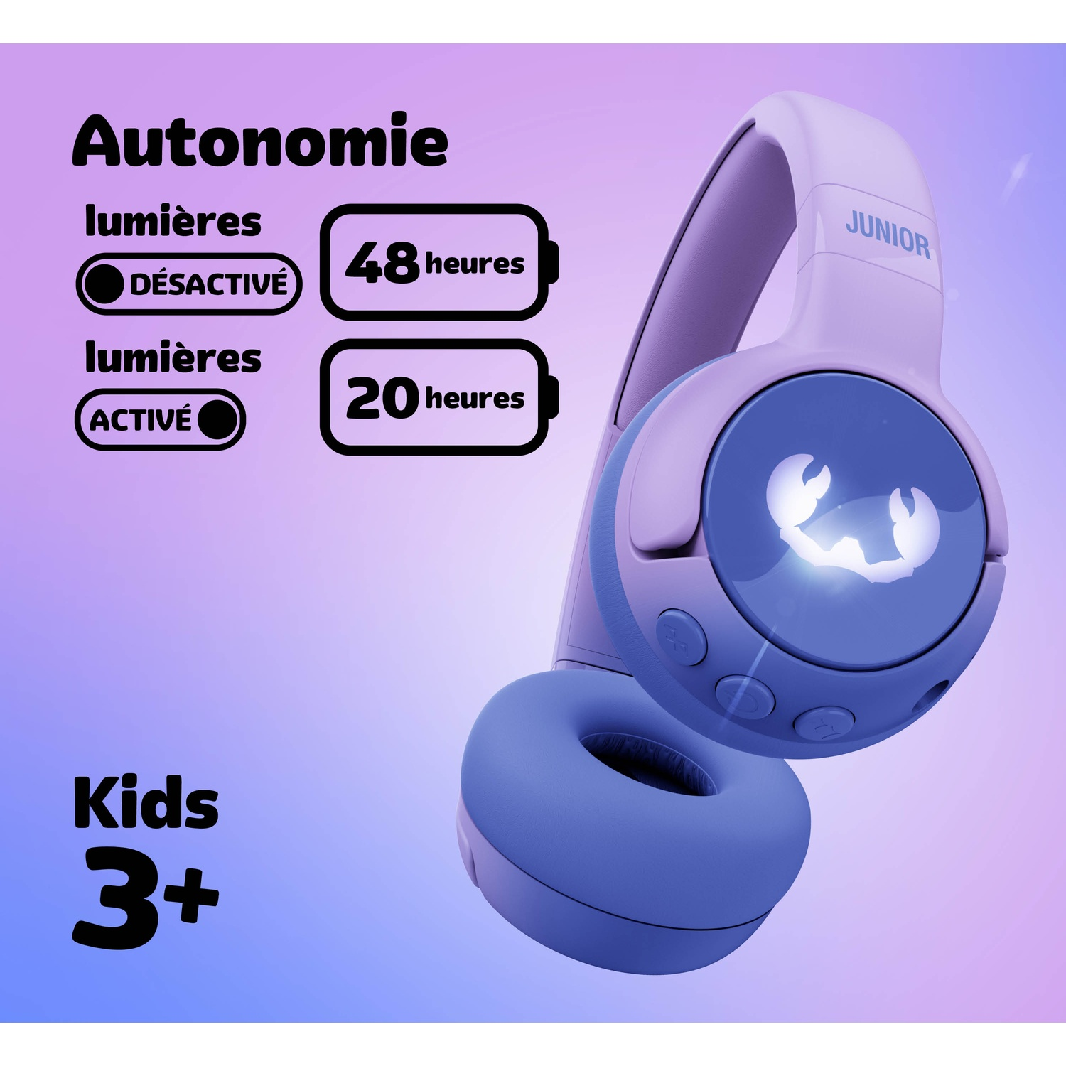 Casque enfant violet et bleu avec texte 'Junior' et info autonomie.