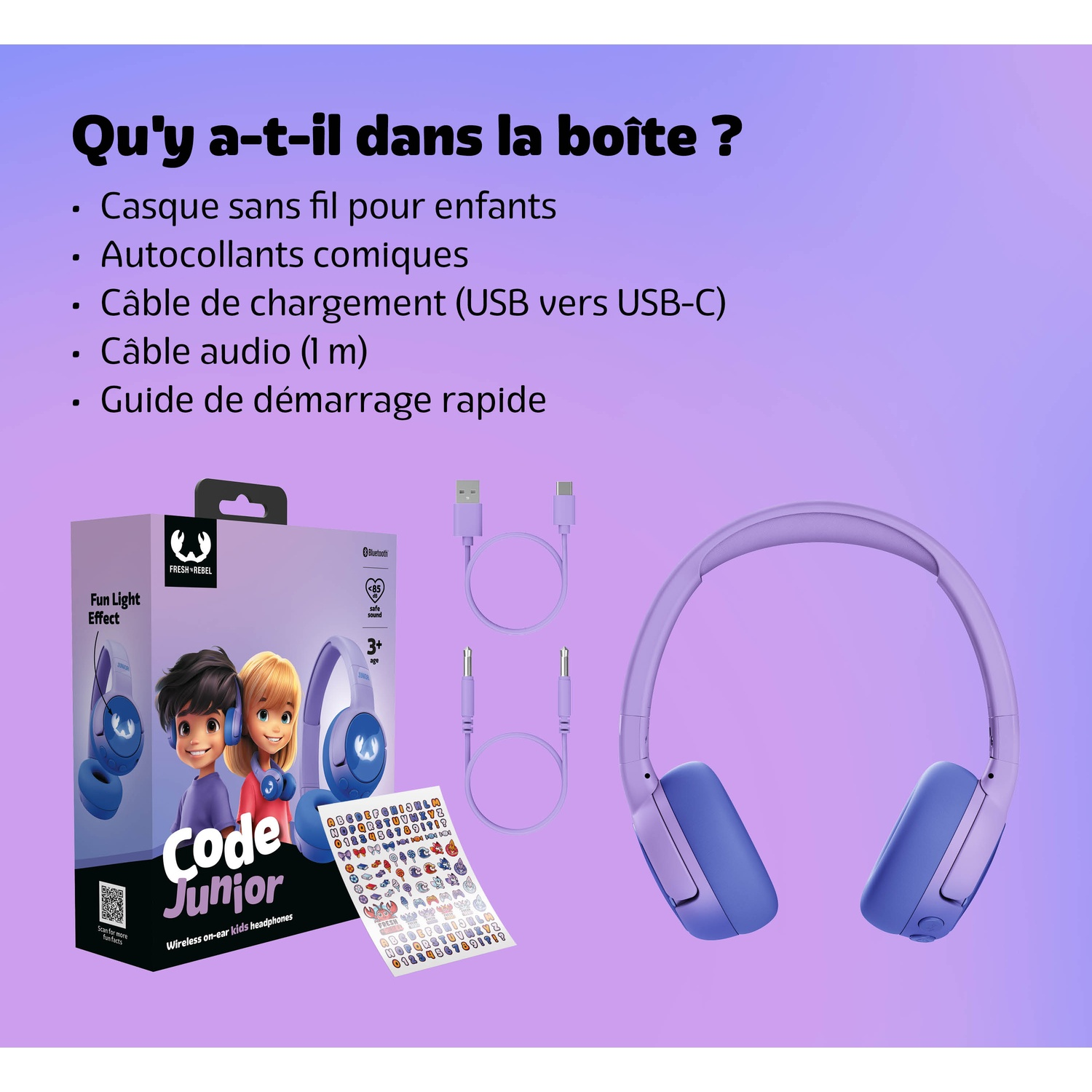 Casque enfant, câble de chargement, câble audio et autocollants.