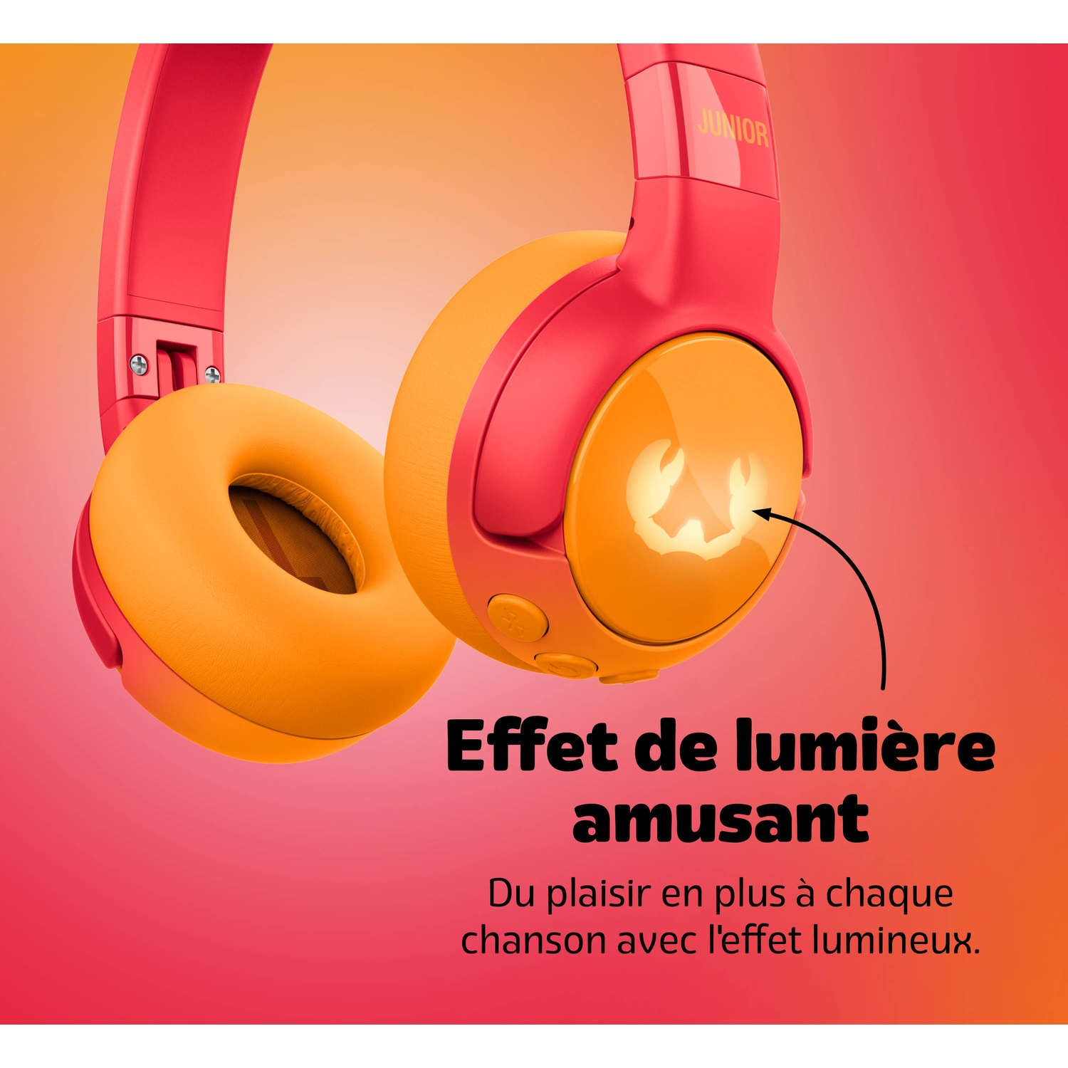 Casque rouge et orange pour enfant avec motif crabe lumineux.