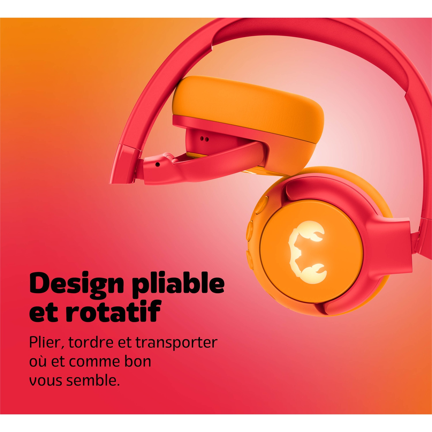 Casque rouge et orange avec un scorpion stylisé sur l'oreillette.