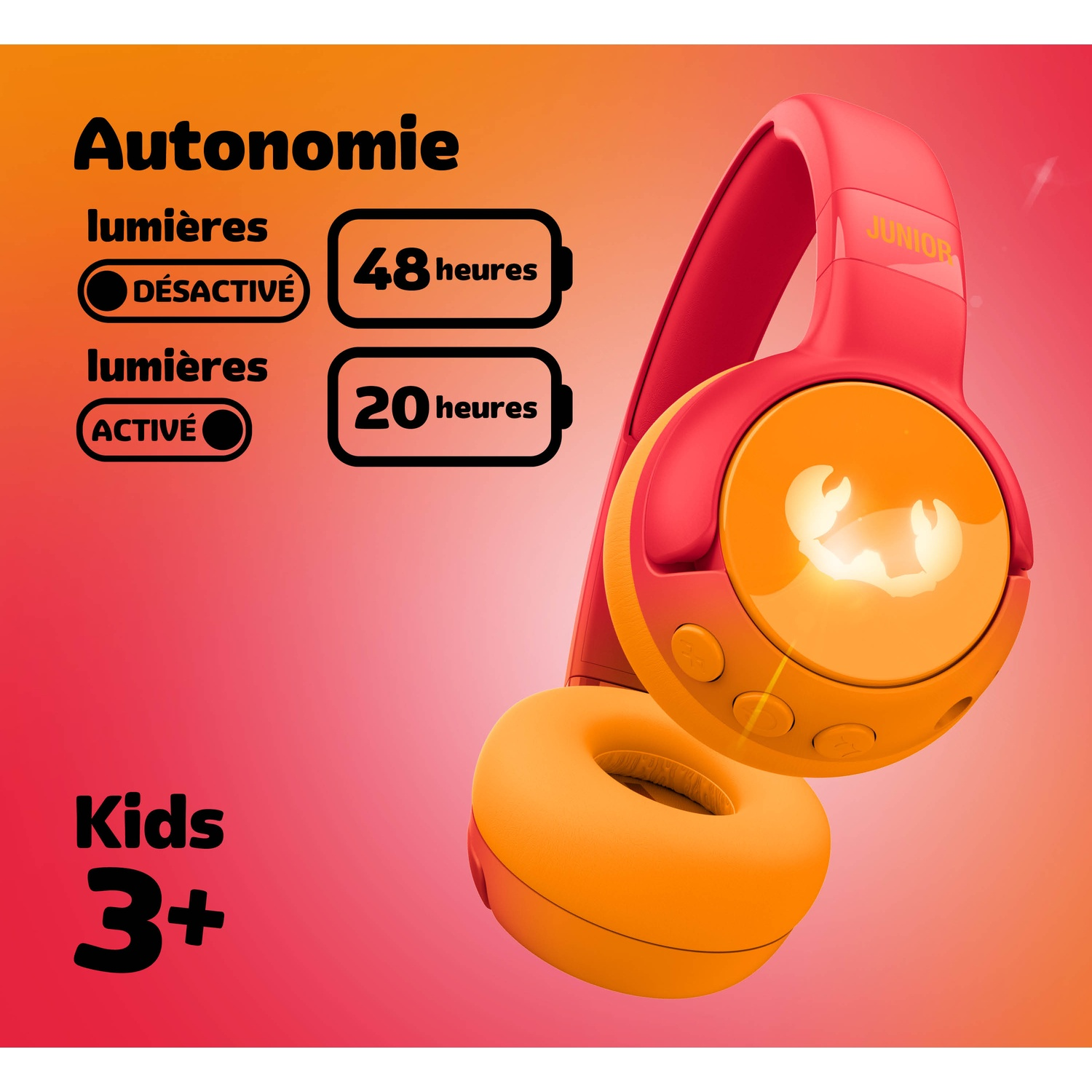 Casque junior rouge et orange avec motif crabe, affichant 48h et 20h.