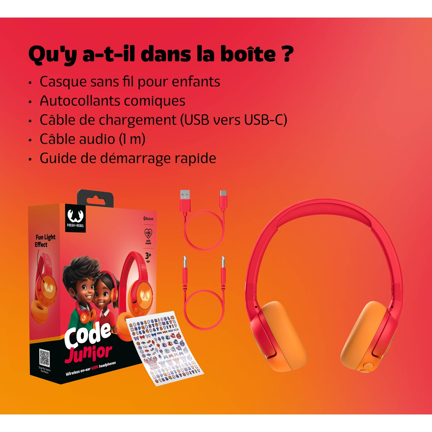 Contenu de la boîte : casque, autocollants, câble de chargement, câble audio, manuel.