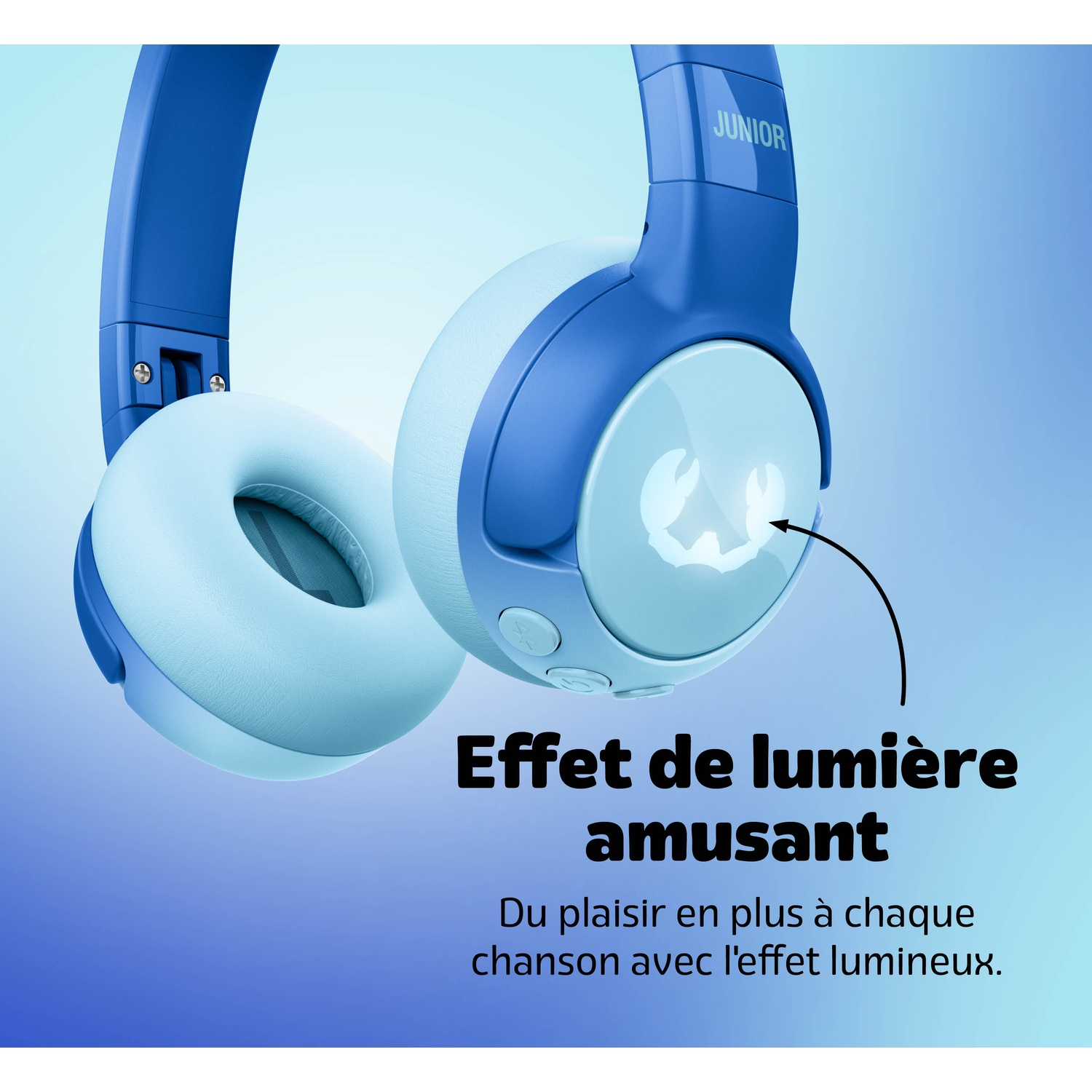 Casque bleu avec symbole de crabe lumineux et texte.