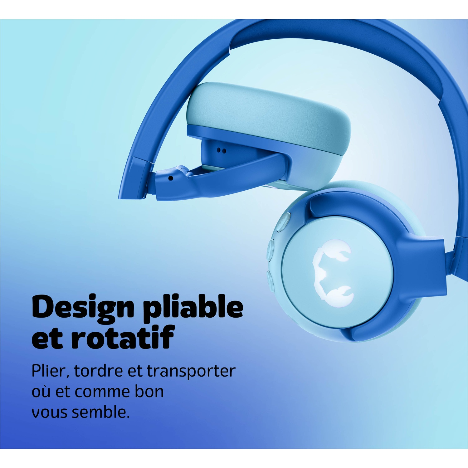 Casque bleu et bleu clair, pliable et rotatif.