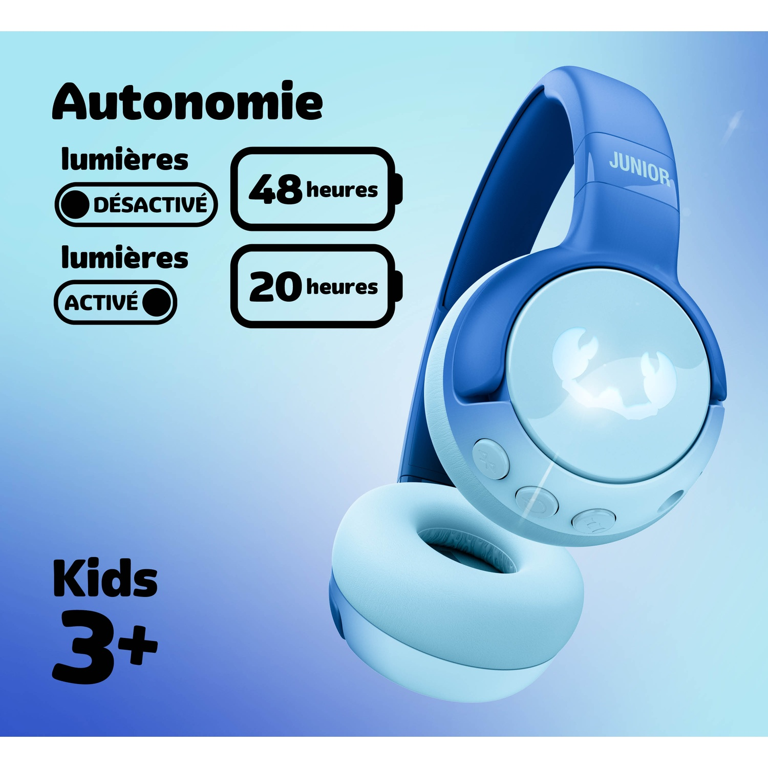 Casque bleu pour enfants (3+) : 48h d'autonomie (lumières éteintes), 20h (lumières allumées).