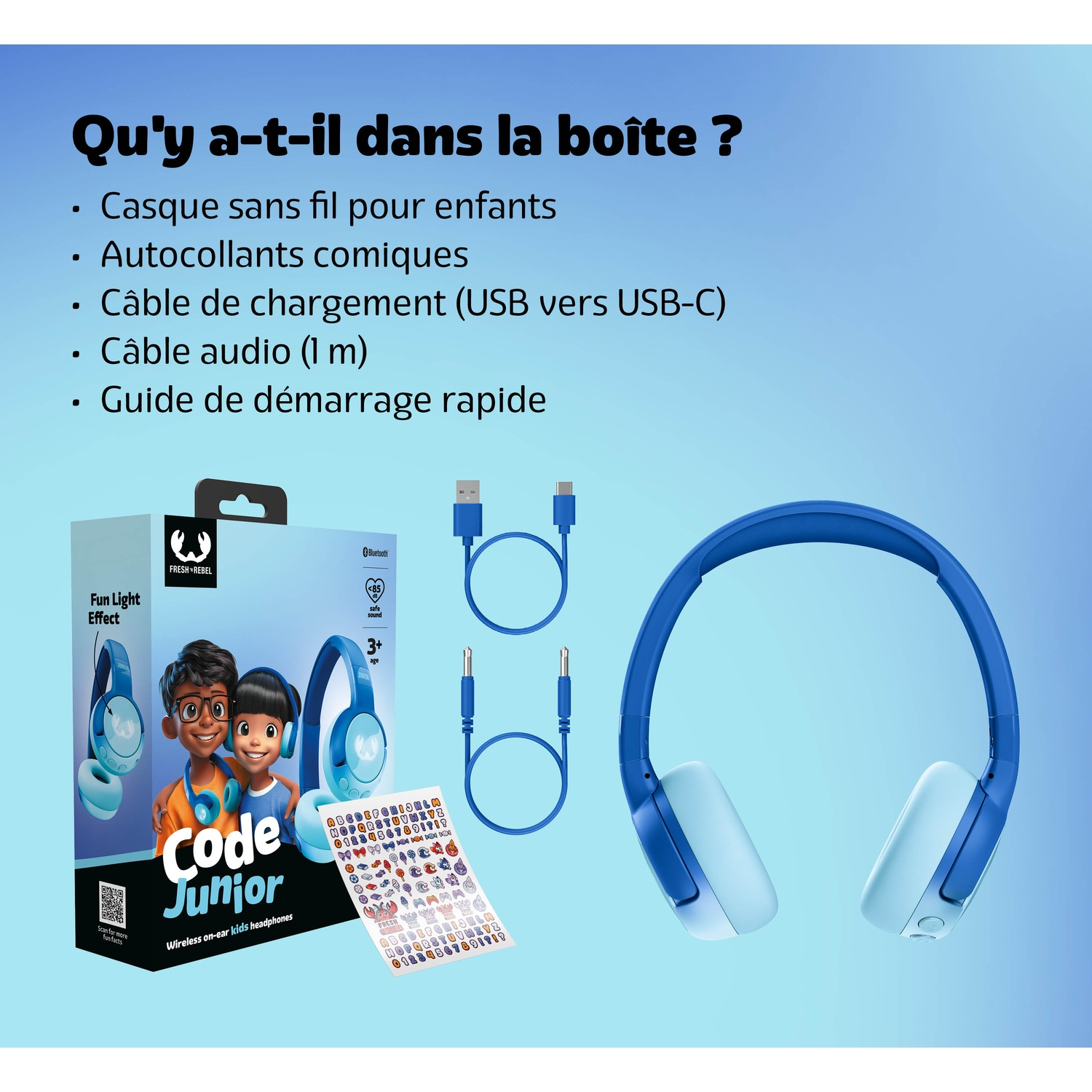 Casque pour enfants, câbles, autocollants et guide dans une boîte.
