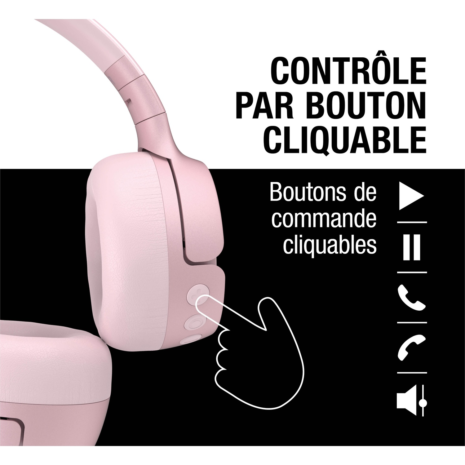 Casque rose avec commandes cliquables, indiqué par un graphique de main.