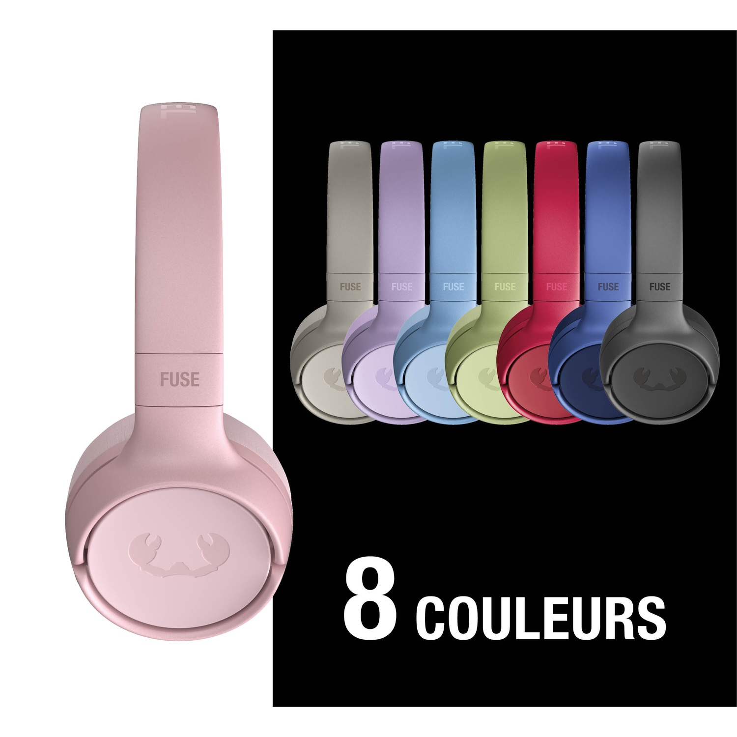 Un casque rose à gauche, avec sept autres casques de couleurs variées à côté.