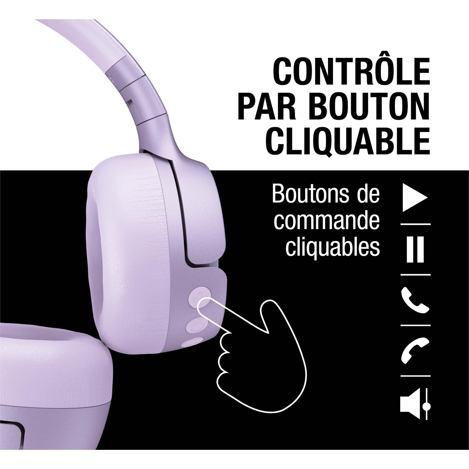 Casque violet avec commandes tactiles et icônes lecture, pause, appel et volume.