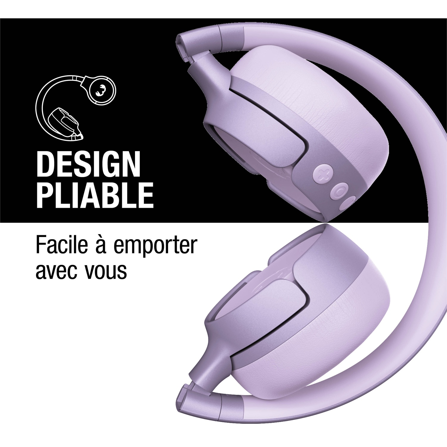 Casque pliable violet avec commandes sur fond noir et blanc.
