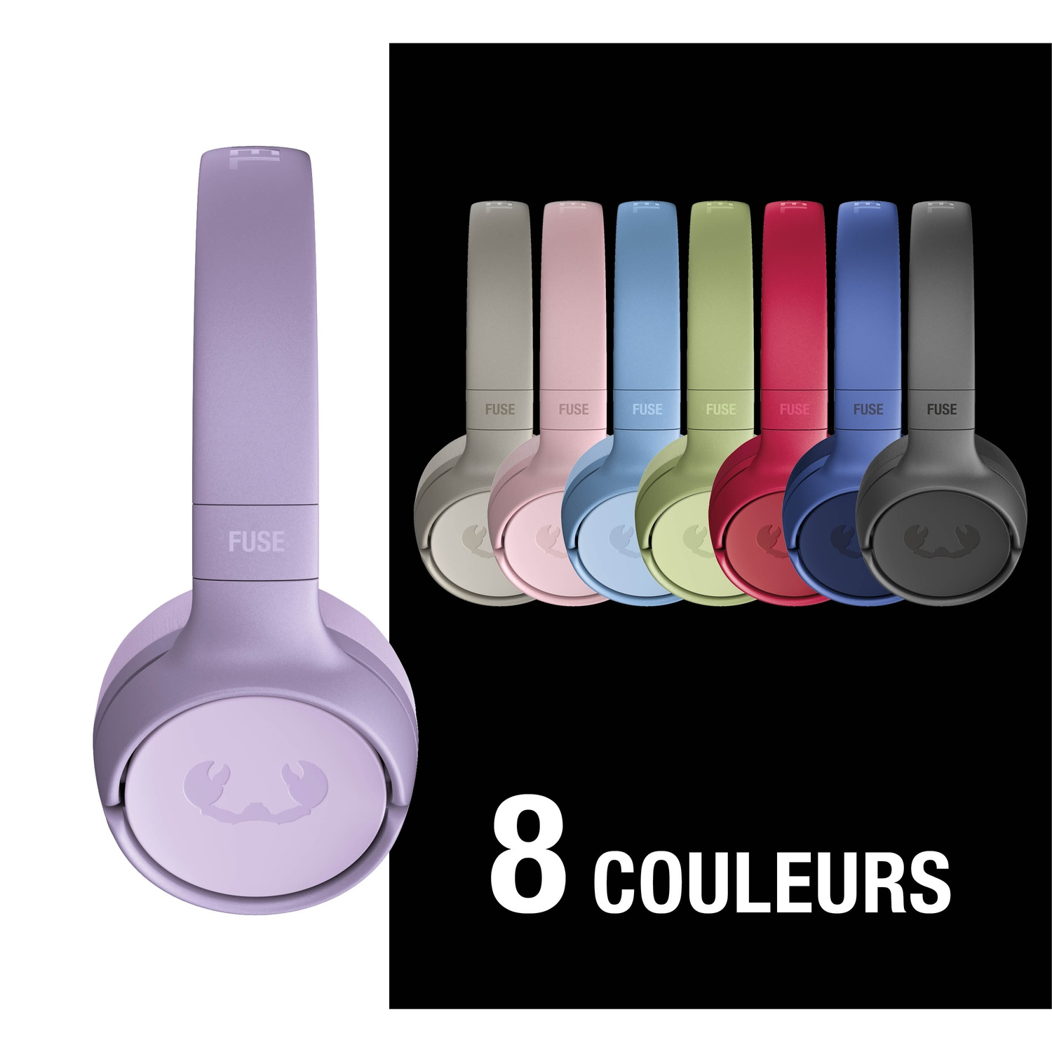 Un casque violet à gauche, à côté de 7 autres casques de couleurs variées.