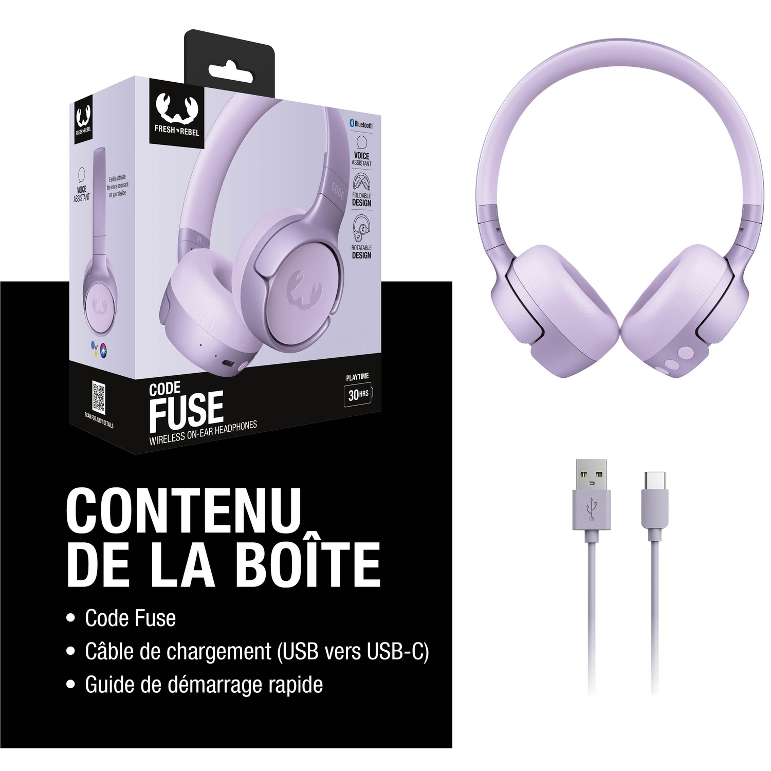 Un casque lavande et son emballage sont présentés.
