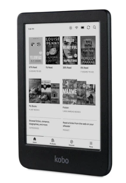 Czarny czytnik e-booków wyświetlający okładki książek na ekranie.