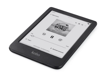 Czarny czytnik Kobo z audiobookiem "Fourth Wing".