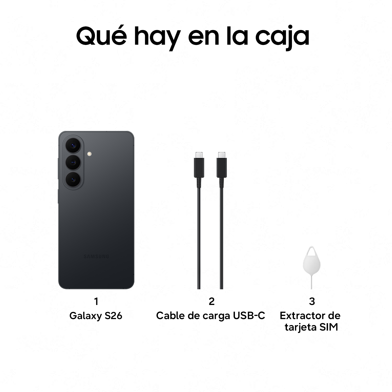 Un Samsung Galaxy S26 negro, dos cables USB-C y una herramienta extractora de SIM.