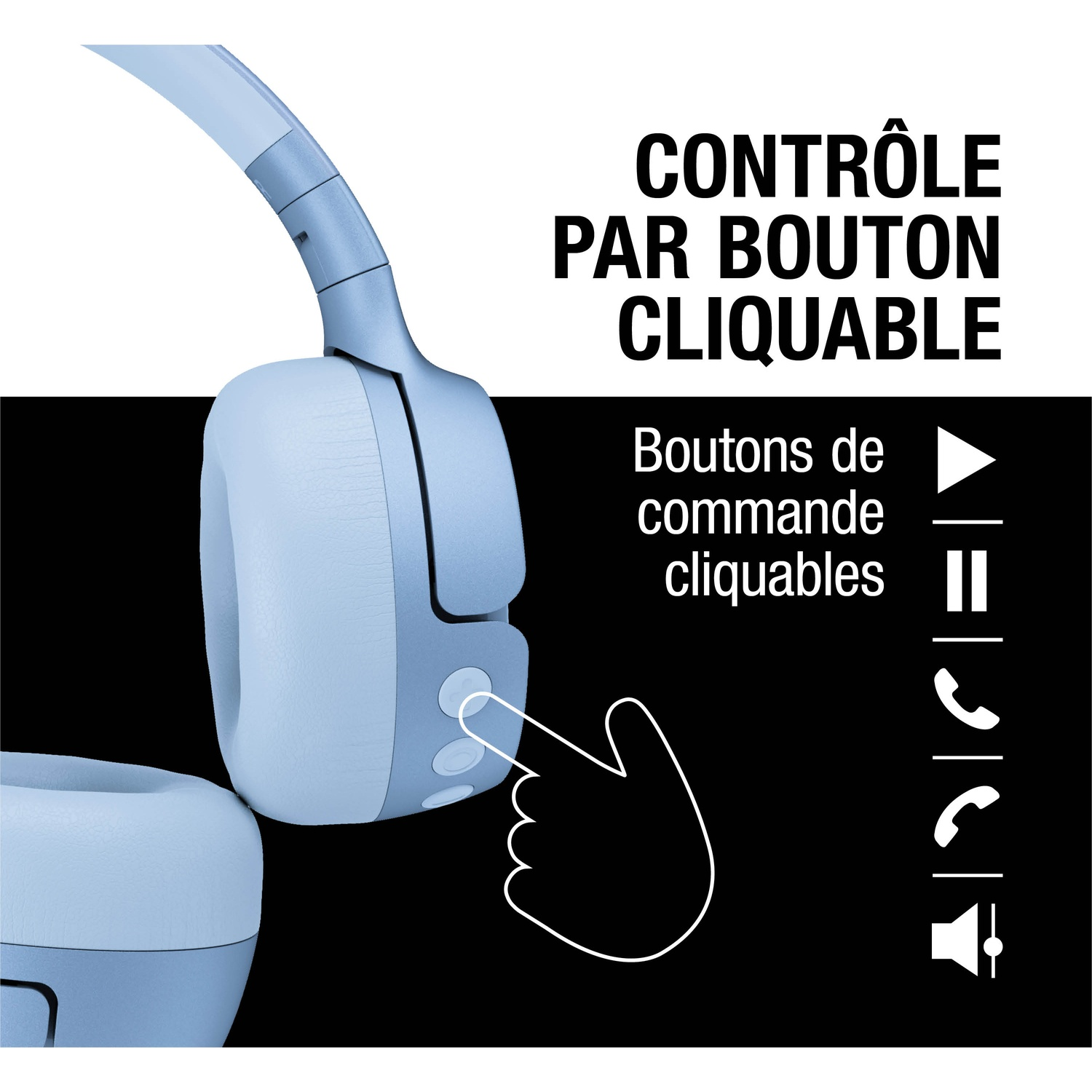 Casque bleu avec boutons et icônes pour lecture, pause, appel et volume.
