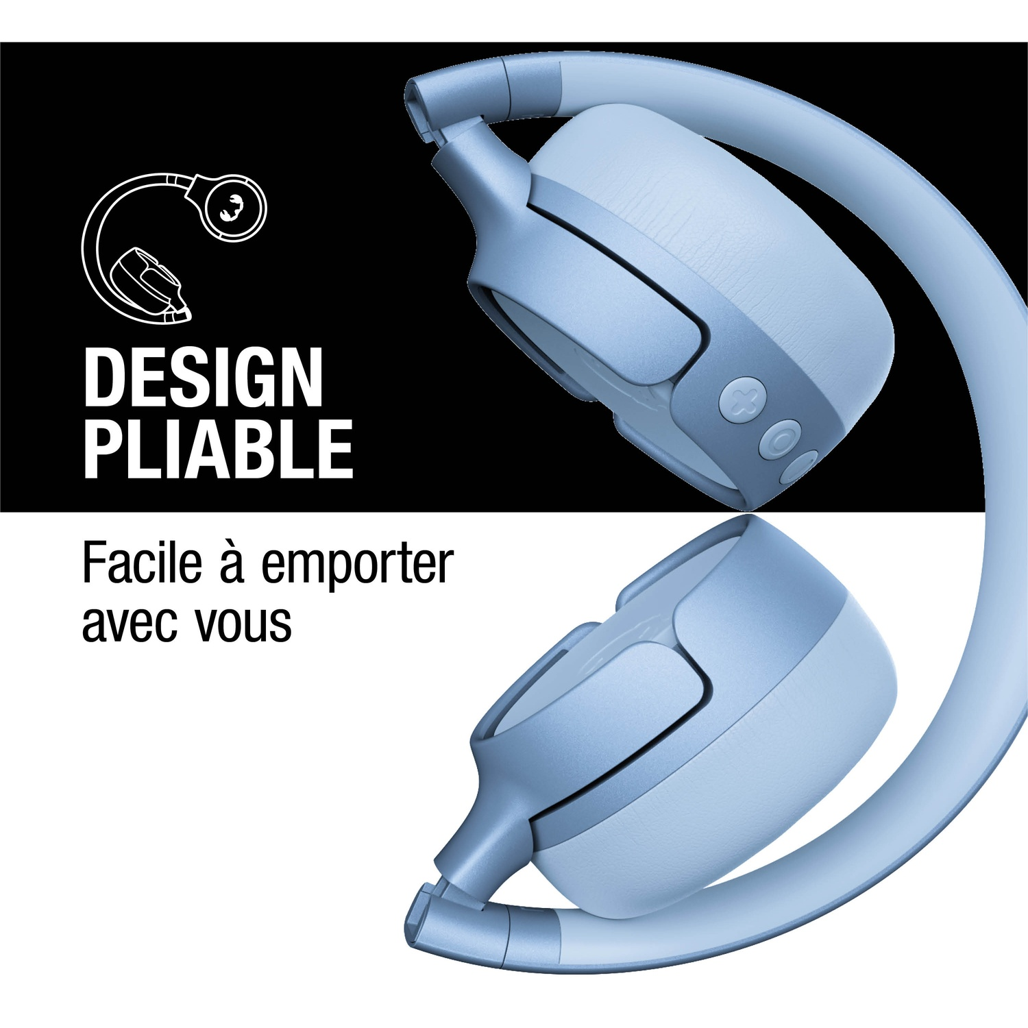 Casque bleu pliable avec boutons de commande.