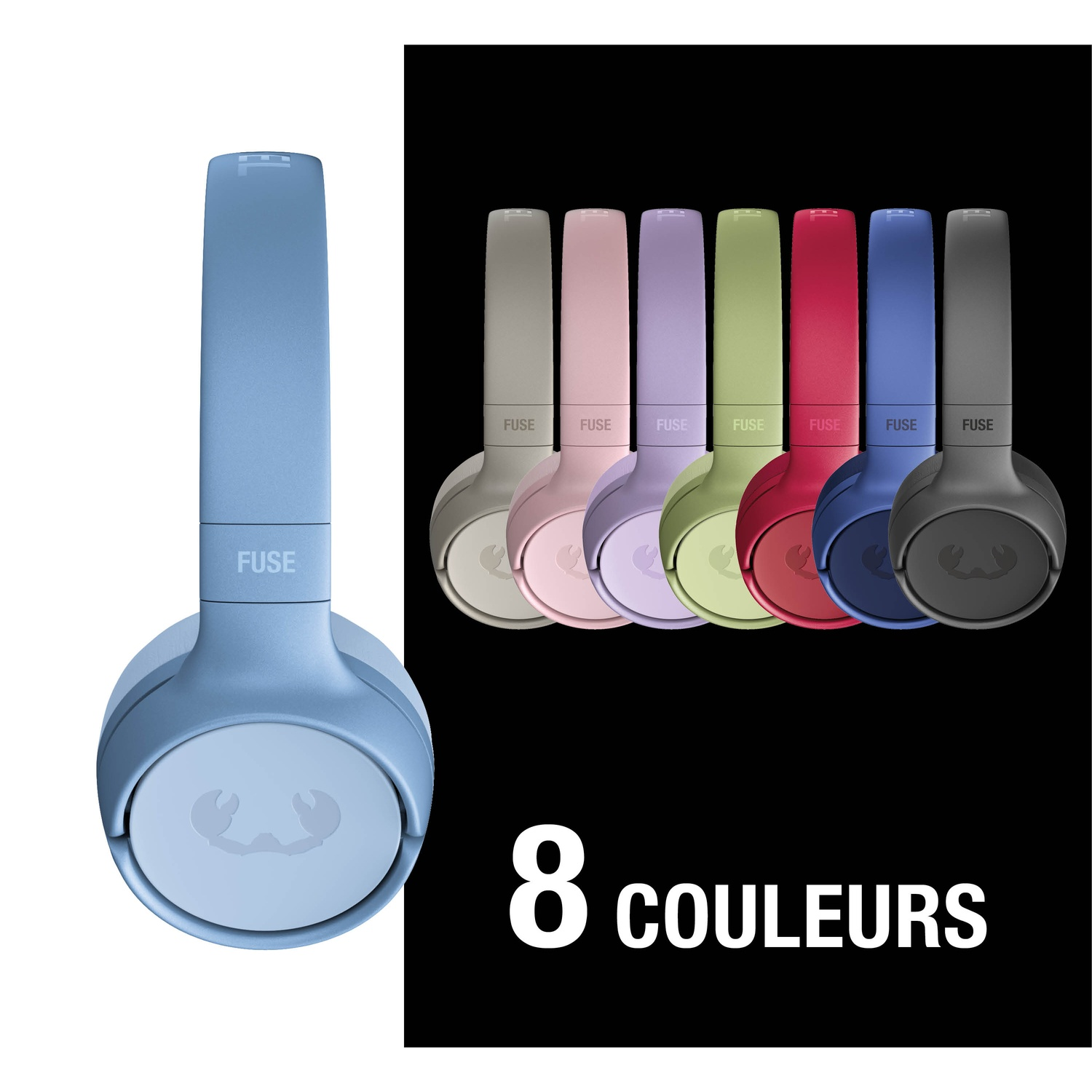 Un casque bleu est présenté à côté de huit casques colorés.