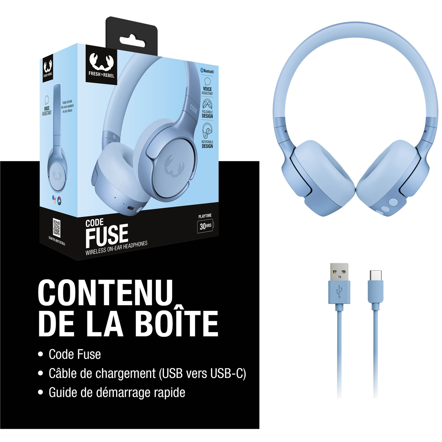 Casque bleu et câble de chargement sur fond blanc. Boîte montre le casque.