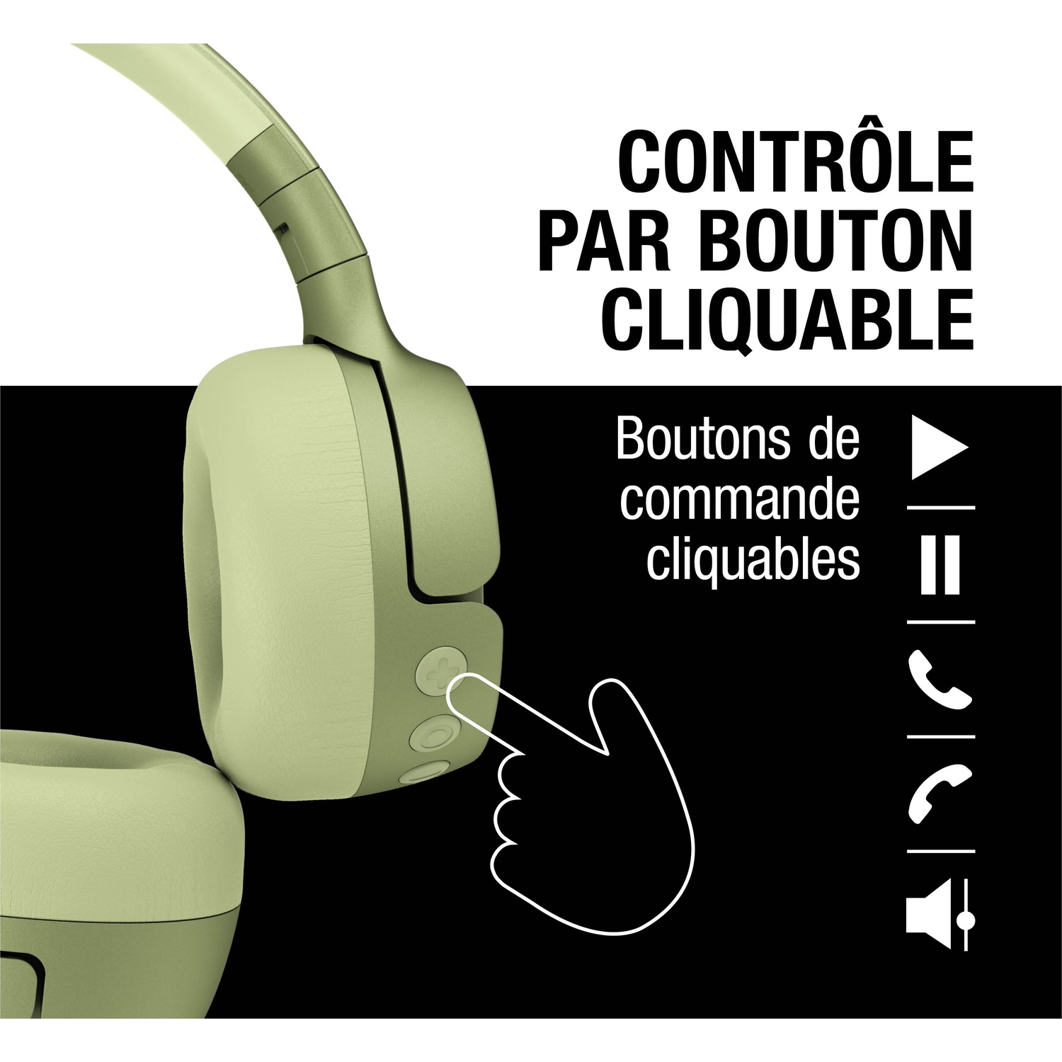 Casque vert clair avec boutons cliquables. "Contrôle par bouton cliquable".