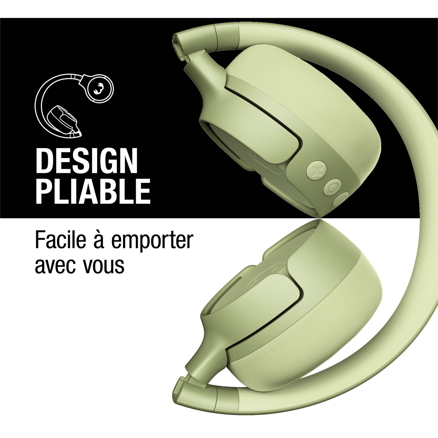 Casque pliable vert clair avec commandes. Facile à transporter.