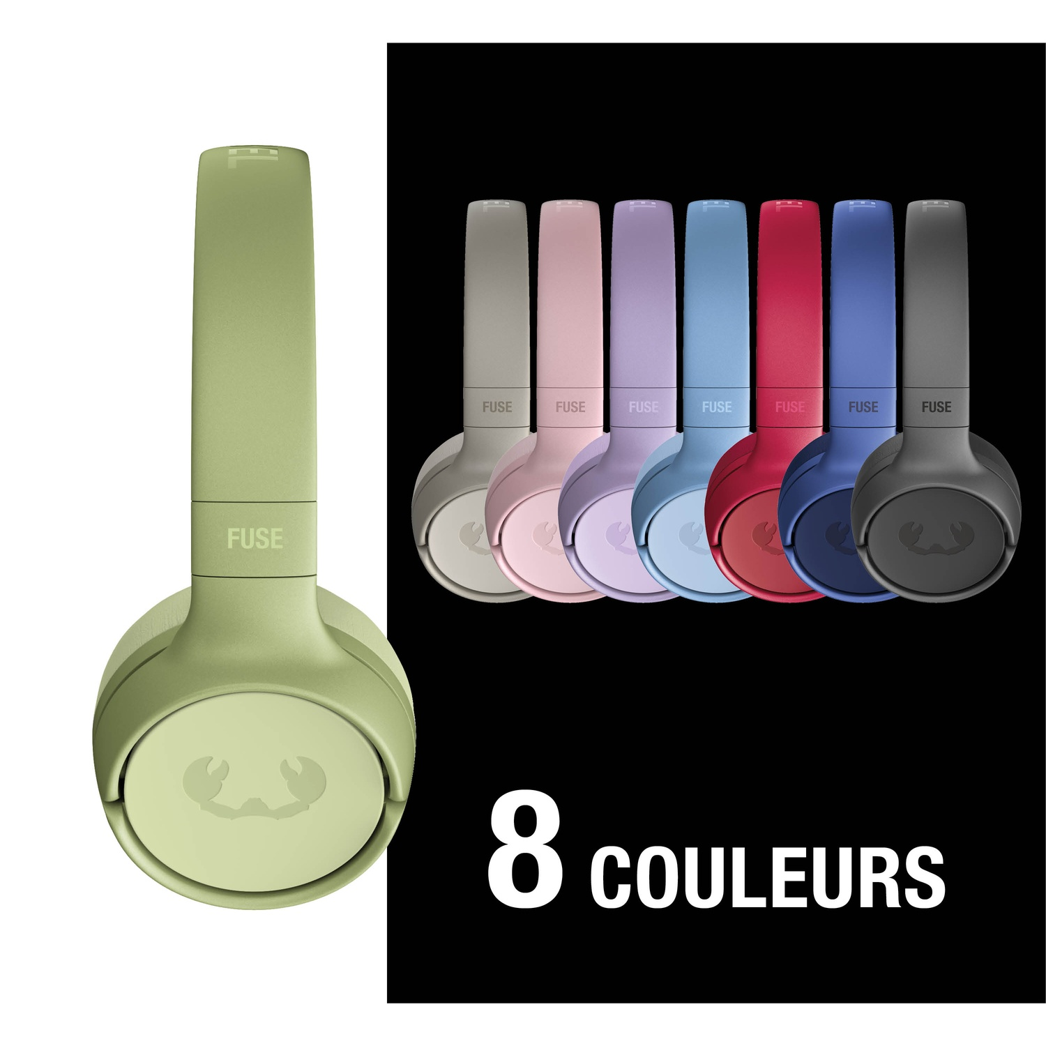 Un casque vert clair à gauche, à côté 7 autres casques de couleurs différentes.