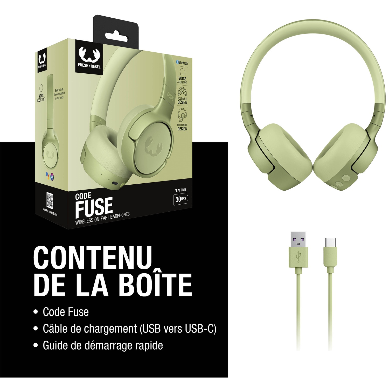 Casque Fresh Rebel Code Fuse vert clair, boîte et câble de chargement USB-C.