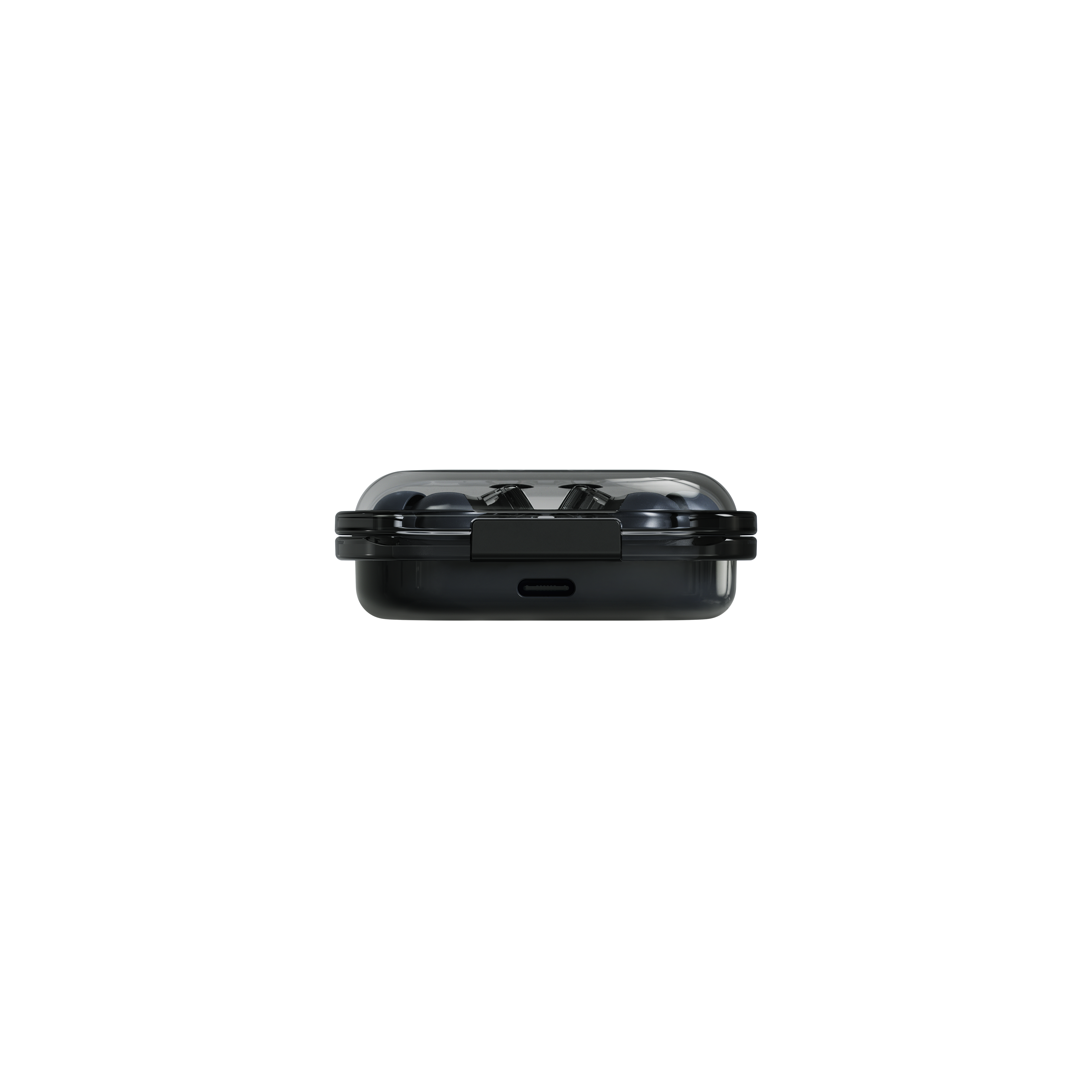 Schwarze Ohrhörer in einem transparenten Ladecase mit USB-C-Anschluss.