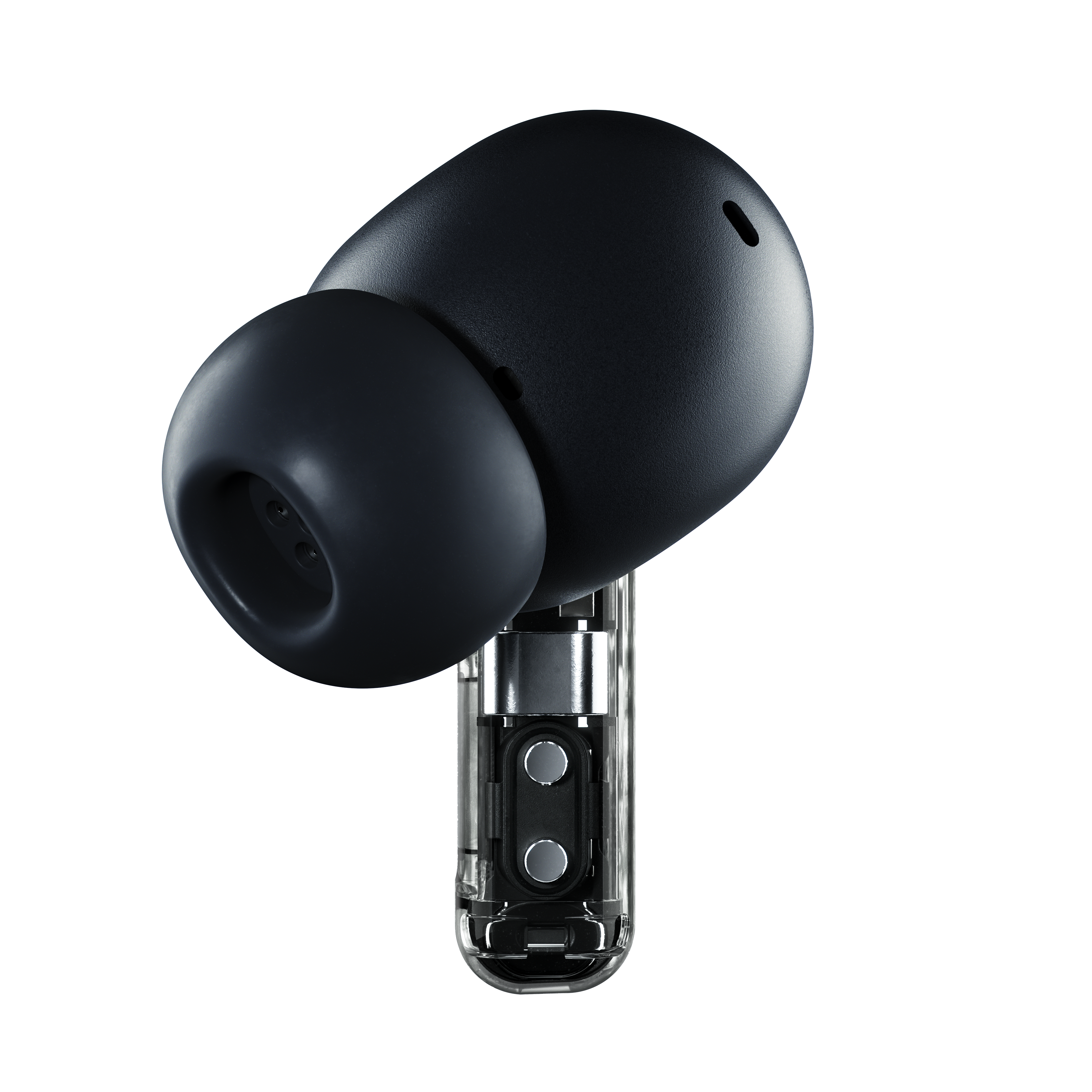 Ein schwarzer In-Ear-Kopfhörer mit transparentem Gehäuse und sichtbaren Metallkomponenten.
