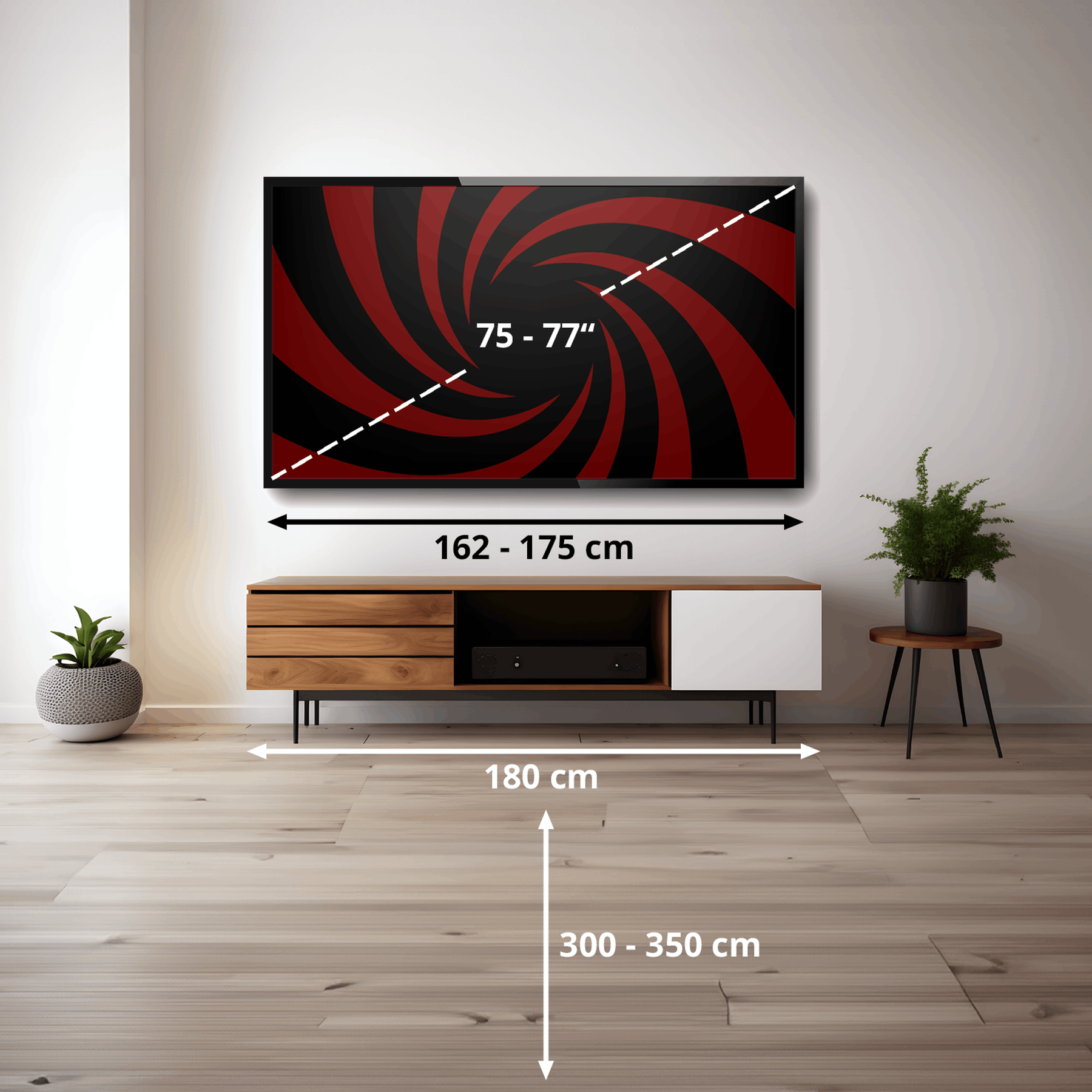 Una consola multimedia moderna con un televisor de 75-77 pulgadas encima.