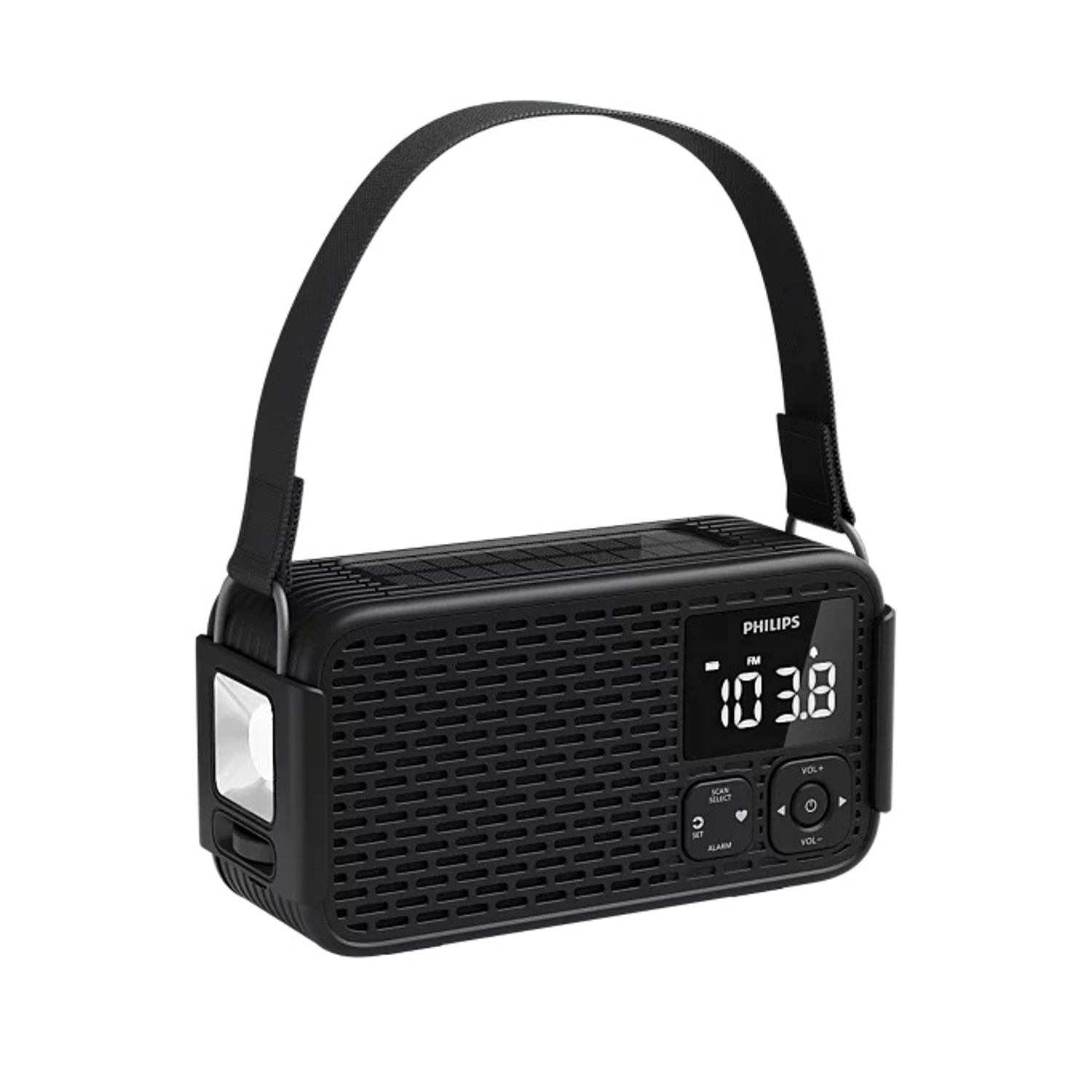 Radio Philips nera con manico e display digitale. Una luce è visibile.