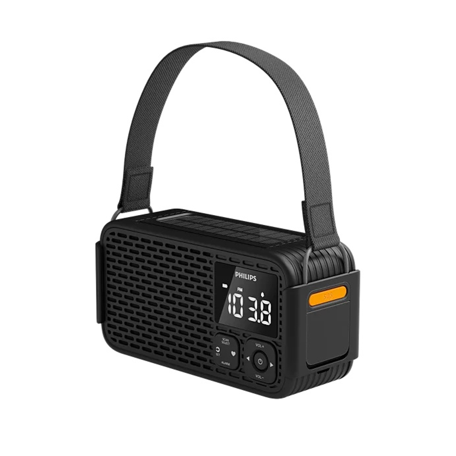Radio portatile nera Philips con manico e display digitale.