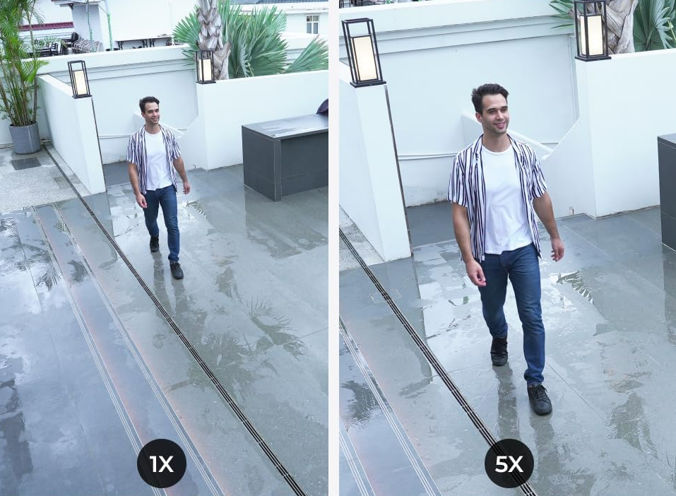 Csíkos inges férfi nedves lépcsőn sétál, 1x és 5x zoom egymás mellett.