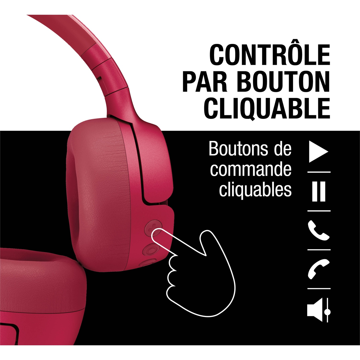 Casque rouge avec un doigt appuyant sur un bouton. Contrôle par bouton.