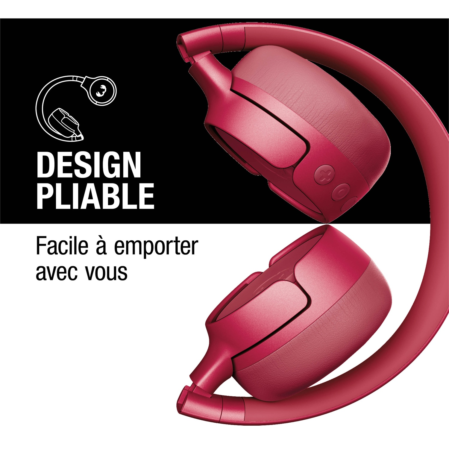 Un casque pliable de couleur rose avec des boutons de commande.