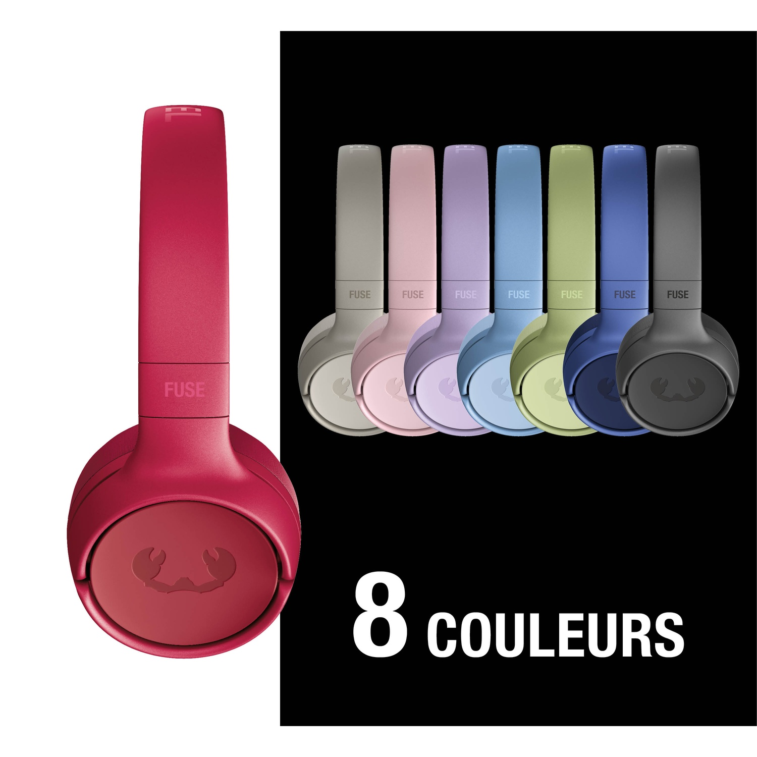 Un casque rouge à gauche, à côté de huit casques de couleurs variées.