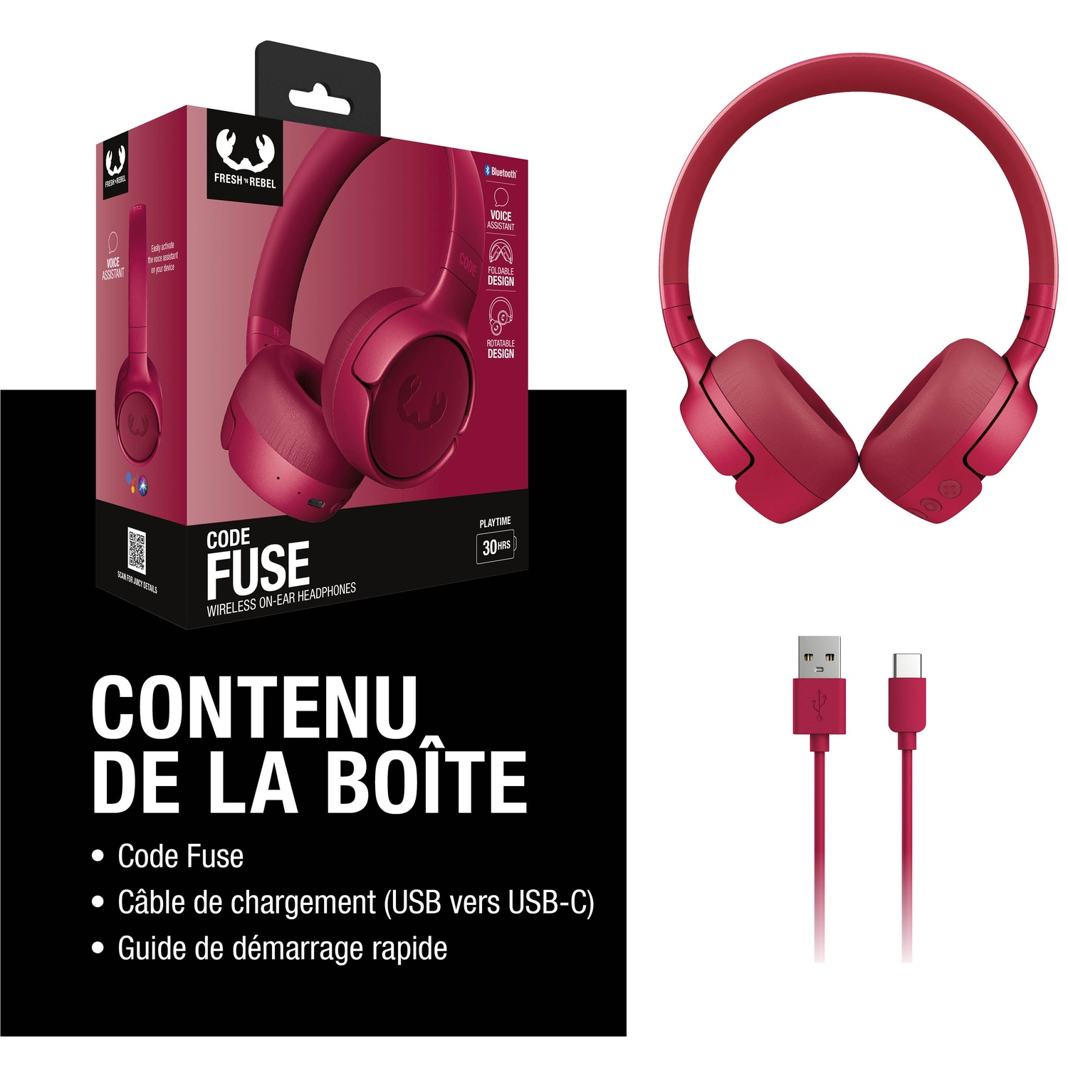 Casque rouge Fresh Rebel avec emballage et câble de chargement.