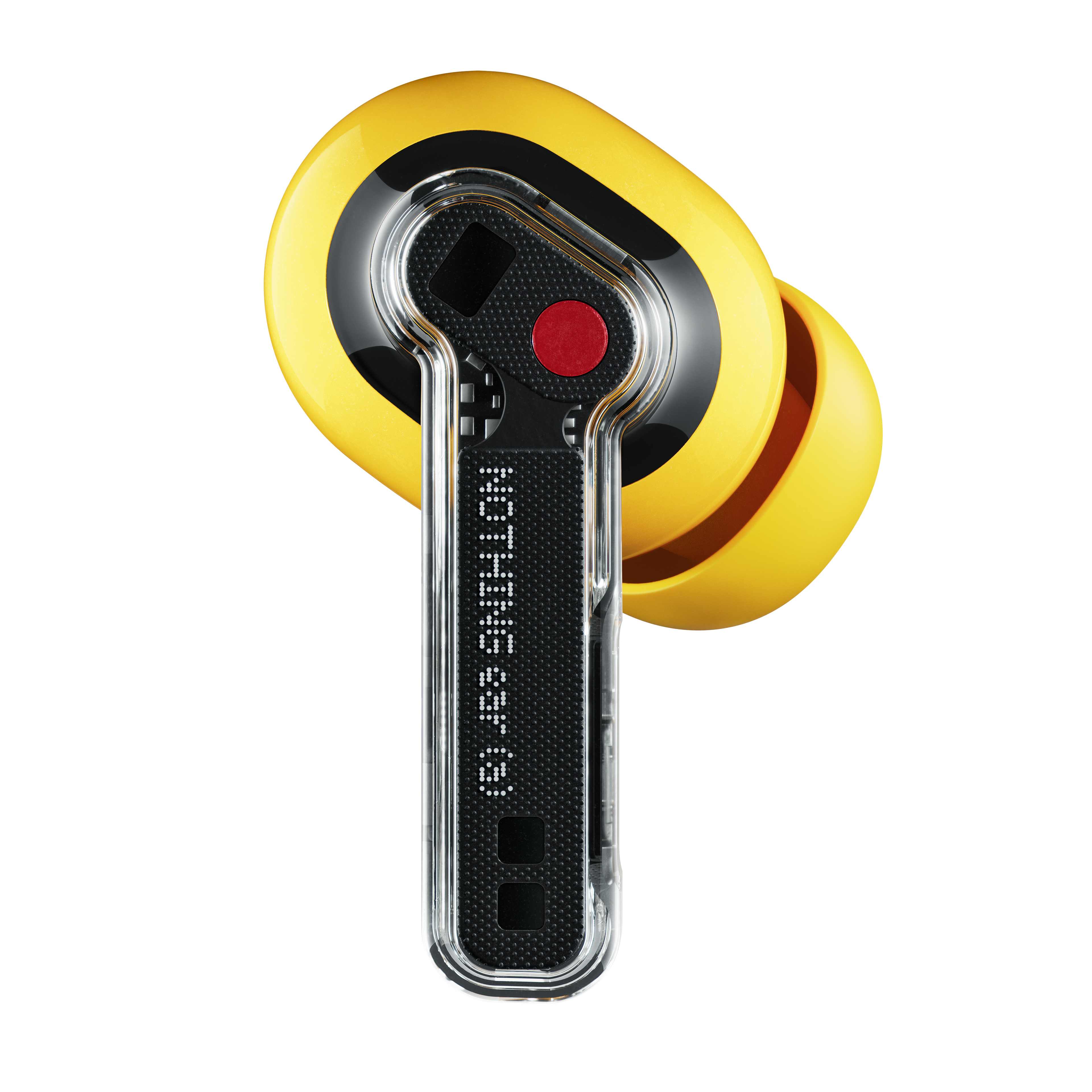 Gelber Earbud mit transparentem Stiel und rotem Knopf auf schwarzem Grund.