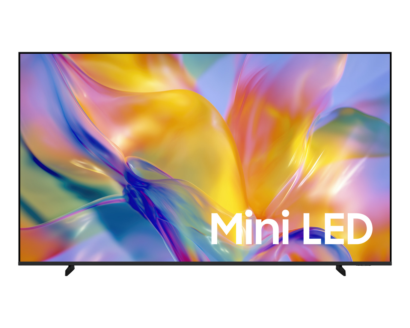 Ein moderner Fernseher mit Mini-LED-Technologie zeigt ein abstraktes, buntes Bild.