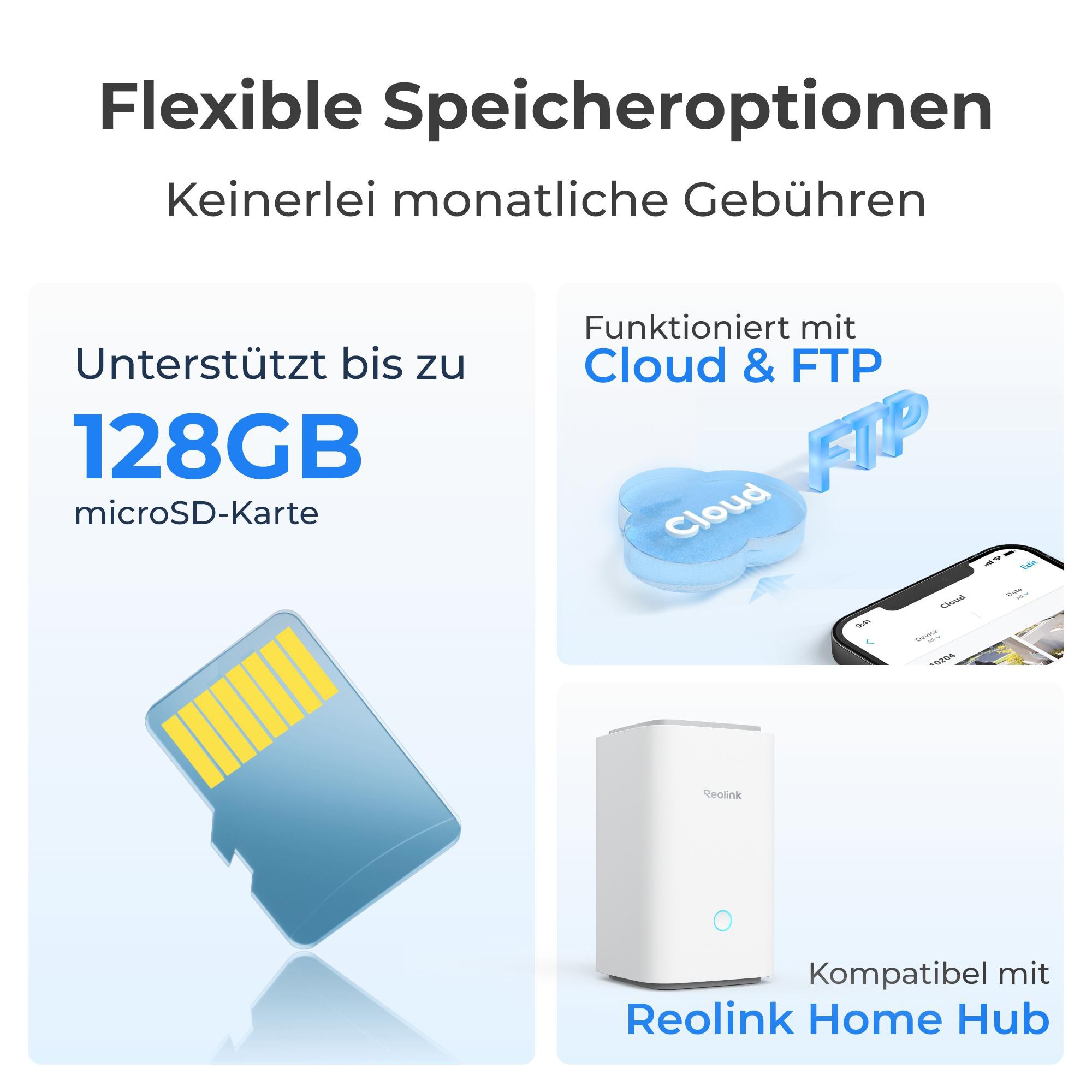 Flexible Speicheroptionen: 128GB microSD, Cloud & FTP, Reolink Home Hub.