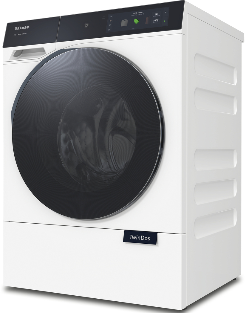 Eine weiße Miele Waschmaschine mit großem schwarzen Bullauge und Touchscreen-Display.