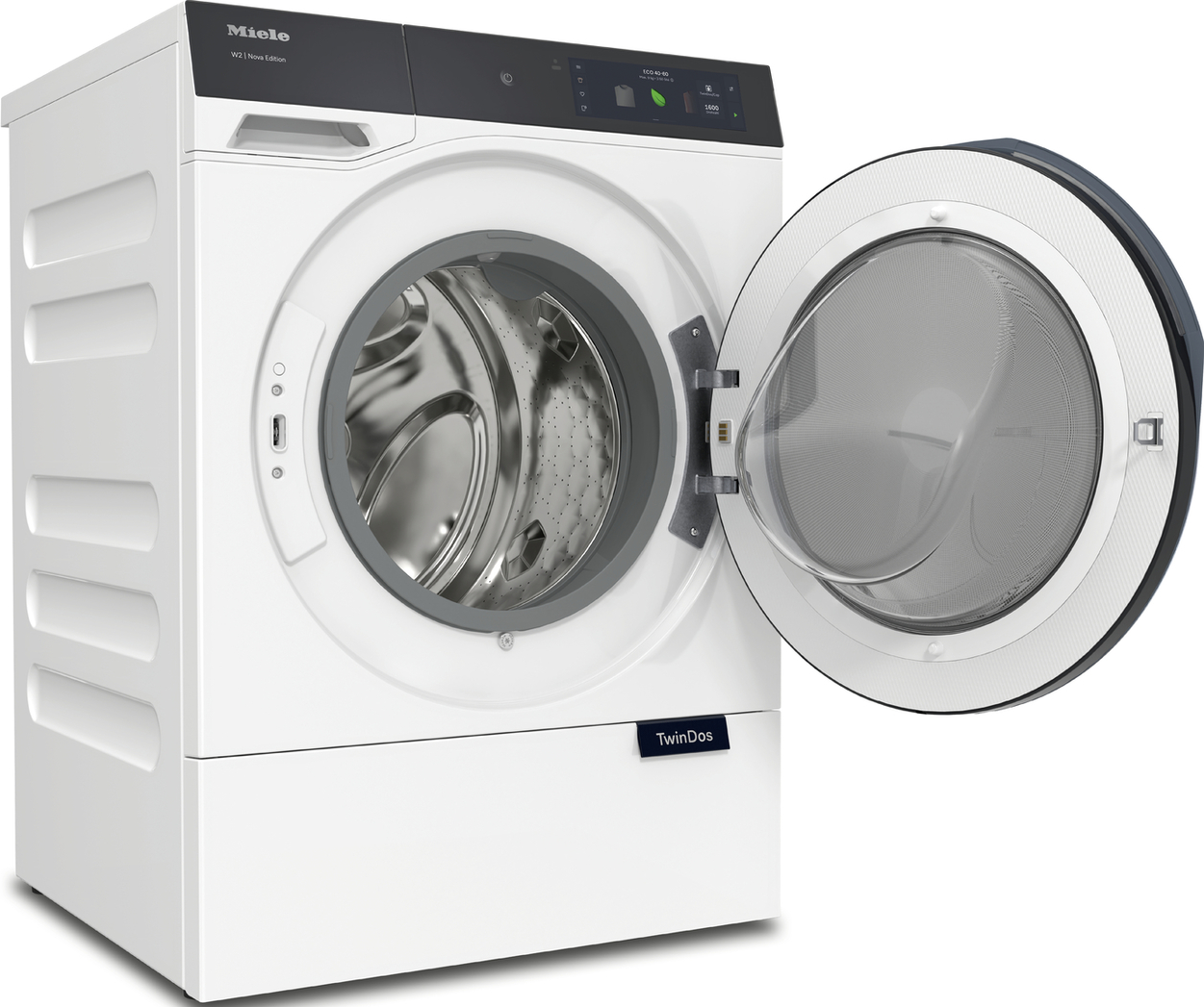 Eine weiße Miele Waschmaschine mit geöffneter Tür. Das Innere der Trommel ist sichtbar.