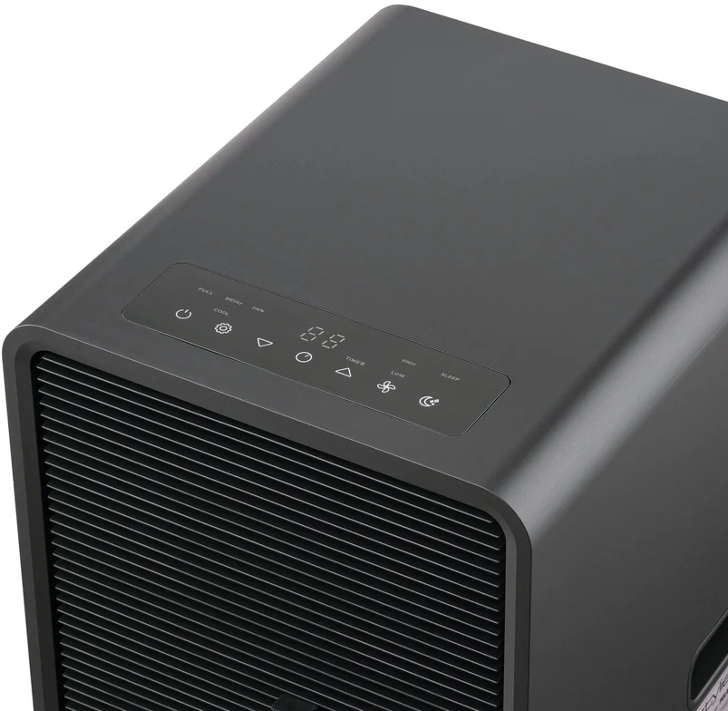 Purificatore d'aria grigio scuro con pannello di controllo e fessure di ventilazione.