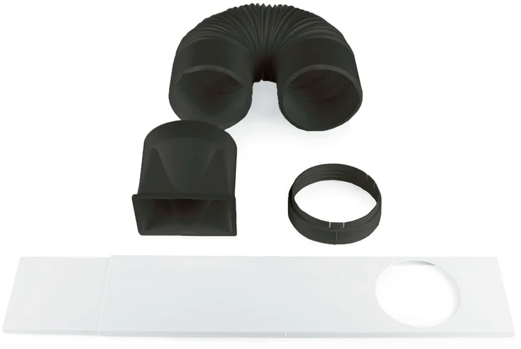Tubo flessibile nero, adattatore, anello e pannello bianco con foro.