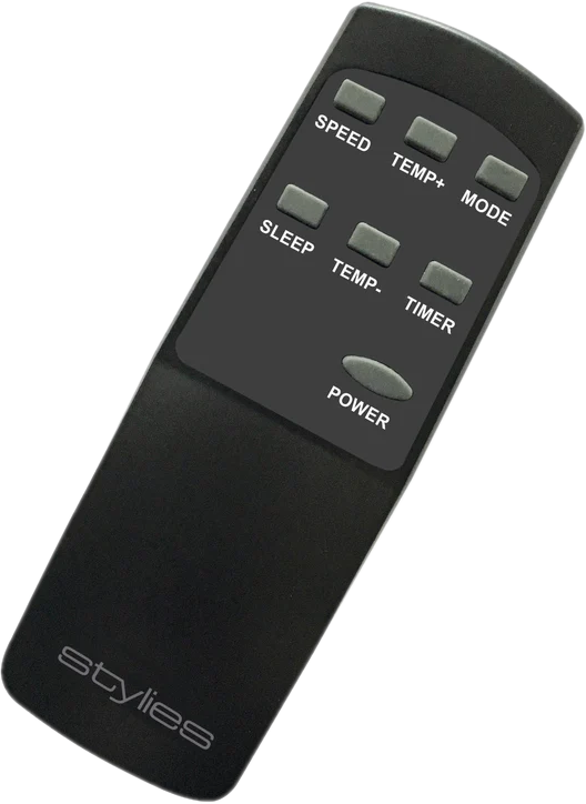 Telecomando nero con pulsanti grigi: SPEED, TEMP+, MODE, SLEEP, TEMP-, TIMER, POWER.