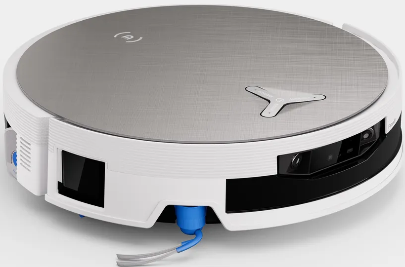 Un robot aspirapolvere bianco con parte superiore argentata e telecamere frontali.