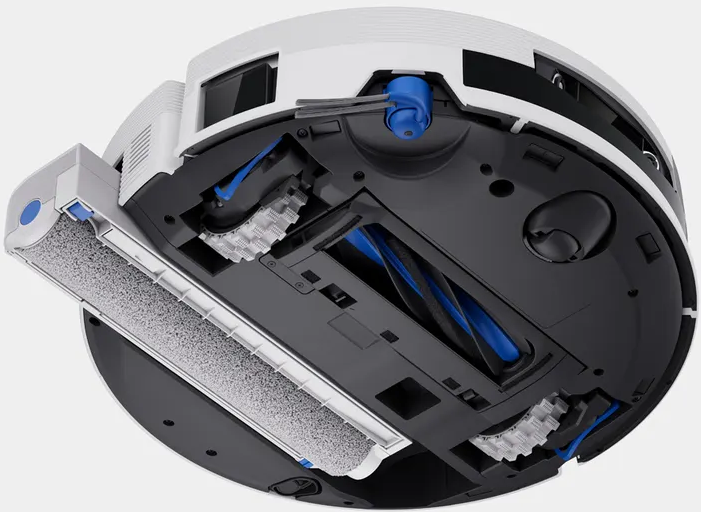Parte inferiore di un robot aspirapolvere con spazzole, rulli e ruote.