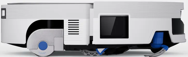 Un robot aspirapolvere bianco con ruota blu e finestra nera.