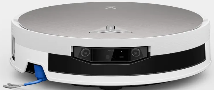 Un robot aspirapolvere bianco rotondo con coperchio argentato e telecamere anteriori.